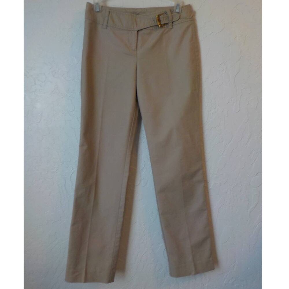 Ann Taylor Beige Pants Women size 2 Petite Bamboo Buckle Accent Straight Leg